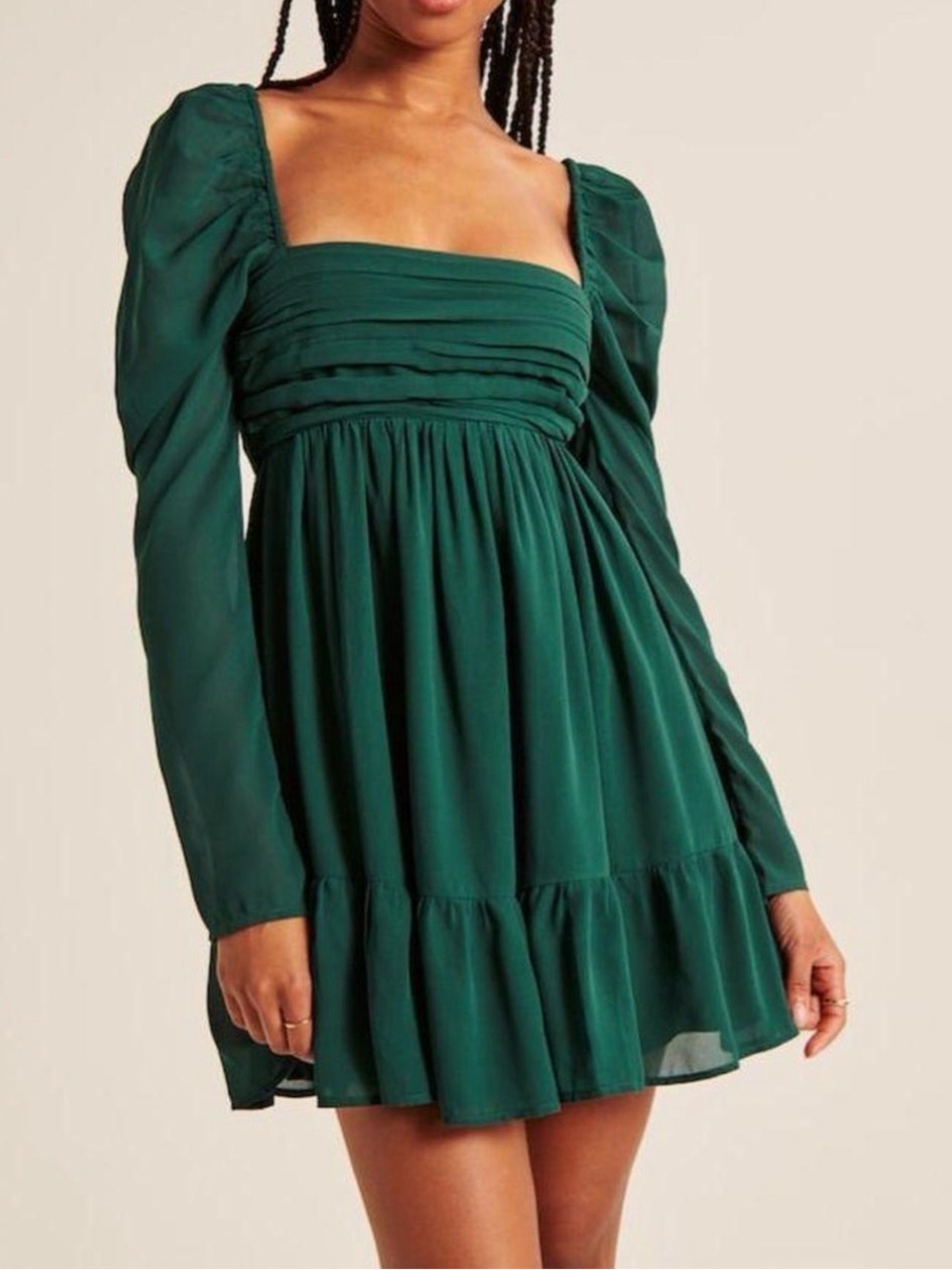 Abercrombie & Fitch Green Chiffon Mini Dress M Smocked Square Neck Ruched